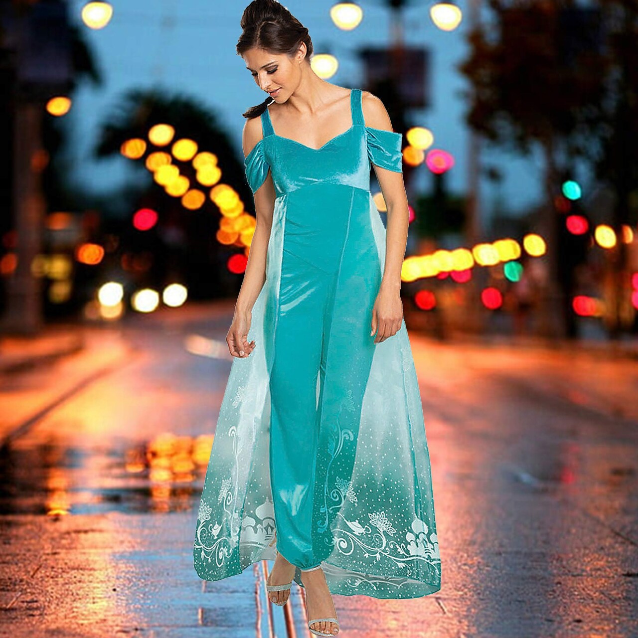 Womens Deluxe Jasmine Costume With Teal Satiny Jumpsuit And Sheer Cape